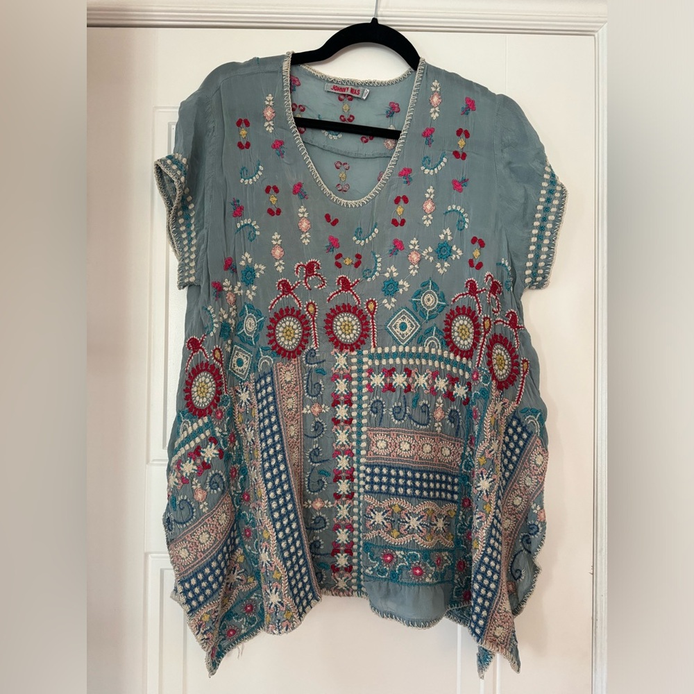 Johnny Was Madhuri Tunic Asymetrical Embroidered Top